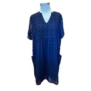 Navy Swiss Dot Babydoll Dress Sz XL Chiffon Lined Large Pockets Comfy Fairy Boho